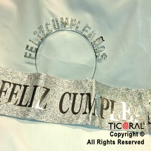 SET VINCHA Y BANDA FELIZ CUMPLEAOS CON STRASS PLATA X 1